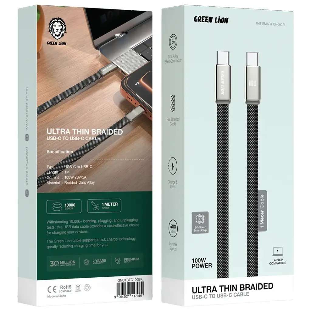 Green Lion Ultra-Thin Braided 1M Cable USB-C To USB-C 100W - Linkphones Center